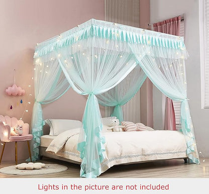 Mengersi 4 Corners Canopy Bed Curtains for Girls Kids Adults - Bed Drapes - 4 Opening Mosquito Net - Cute Princess Bedroom Decoration (Queen, Sky Blue)
