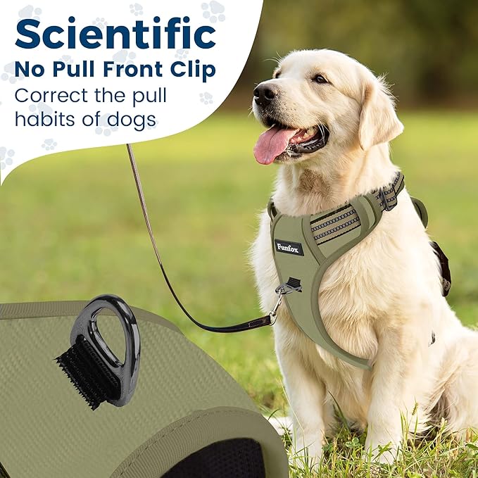 Funfox Dog Harness No Pull, Adjustable Pet Vest Harness, Super Soft Material with Vertical Handle Easy Control, Reflective Night Walking, 2 Leash Clips for Large Dogs, Army Green, L-Mewly Pet