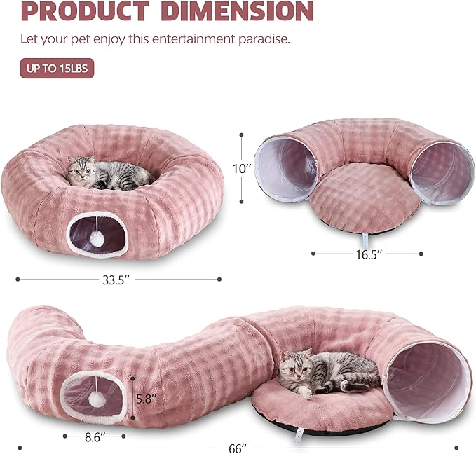 Bubble Cat Tunnel for Indoor Cats, Round Peekaboo Cave Toy with Dangling Balls, Donut Tunnel Bed with Circle Mat for Puppy Kitten Rabbit, Dusty Pink-Mewly Pet