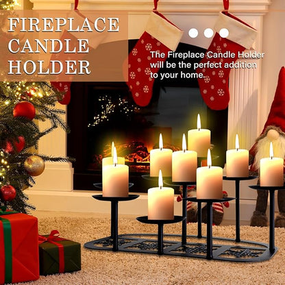 Fireplace Candelabra Candle Holder Matte Black Metal Candleholder with 9 Candle Stands Mantle Decor for Flameless or Wax Pillar Candle Floor Table Centrepiece Christmas Wedding Party Decoration