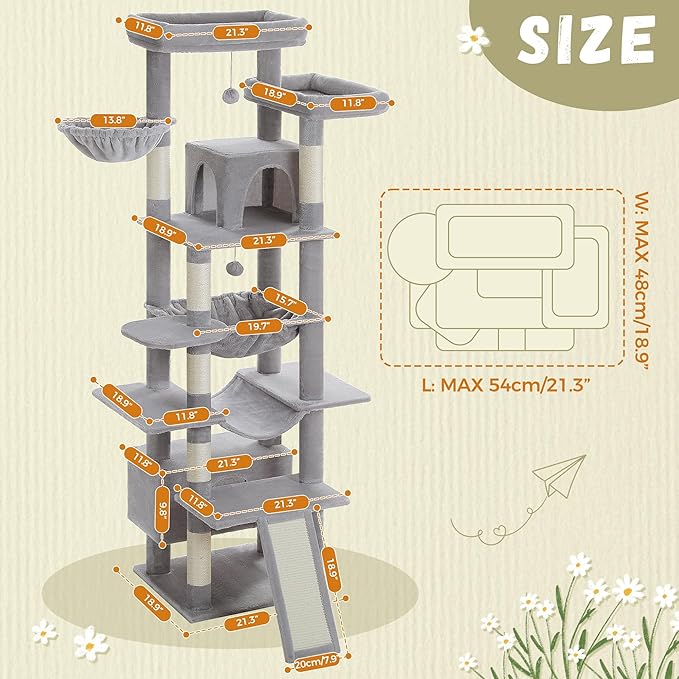 81 Inches Tall Cat Tree for Indoor Cats Large Adult - Heavy Duty Multi-Level Cat Tower with Large Metal Frame Hammock, Scratching Pad, 2 Top Perches, 2 Cozy Condos & 6 Scratching Posts - Gray-Mewly Pet