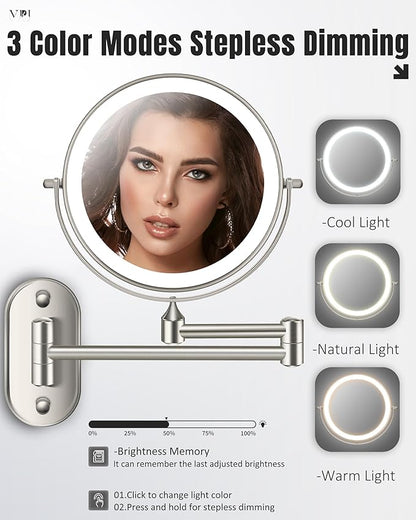 Wall Mounted Makeup Mirror with Light, 20X/1X 8'' Double Sided LED Magnifying Bathroom Lighted Vanity Mirror with Magnification, 3 Color Light up Touch Dimmable Extended Arm 360 Rotation
