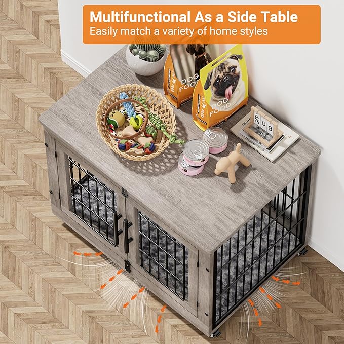 Lulive Dog Crate Furniture Set of 2, Dog Kennel Indoor Double Doors Wooden Dog Cage, 32'' Heavy Duty Dog Crate with Cushion & Wheels, End Table Pet House Chew-Resistant Up to 45 lb, Grey-Mewly Pet