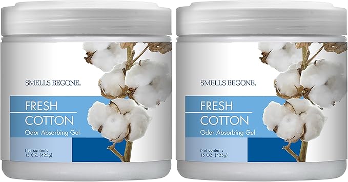 SMELLS BEGONE Air Freshener Odor Absorber Gel - 15 oz, Pack of 2 - Absorbs and Eliminates Odor in Pet Areas, Bathrooms, Cars, & Boats - Made with Essential Oils - Fresh Cotton Scent-Mewly Pet