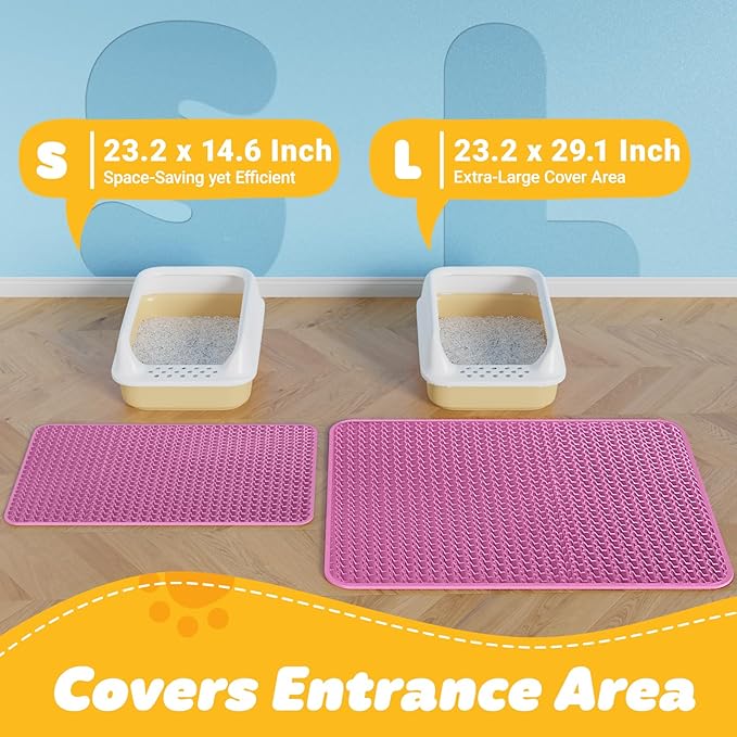 Cat Litter Mat - 23.2'' x 14.6'' Small Litter Trapping Mat, Easy to Clean Litter Box Mat, Waterproof, Urine-Proof, Non-Slip Kitty Litter Mats for Floor, Pink-Mewly Pet