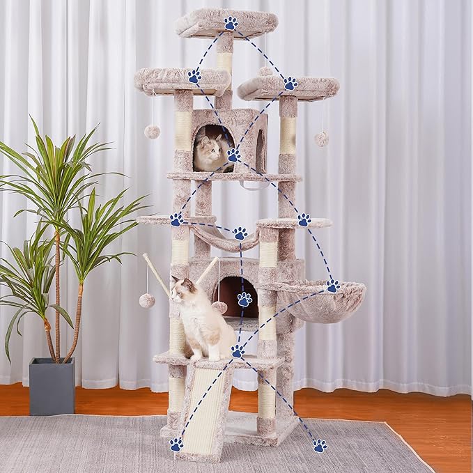 Hey-brother Cat Tree, 71 inches XL Large Cat Tower for Indoor Cats, Multi-Level Cat House with 3 Padded Perches, Big Scratcher, Cozy Basket, 2 Cat Condos and Scratching Posts, Muchroom MPJ034MU-Mewly Pet