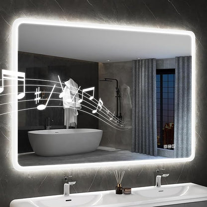 S'bagno 32"x24" LED-Lighted-Bathroom-Mirror, Wall-Mounted-Dimmable-Vanity-Mirror, Bluetooth Speaker Anti-Fog Waterproof Smart Touch Button 3 Colors Bathroom-Lighted-Mirror, Vertical/Horizontal