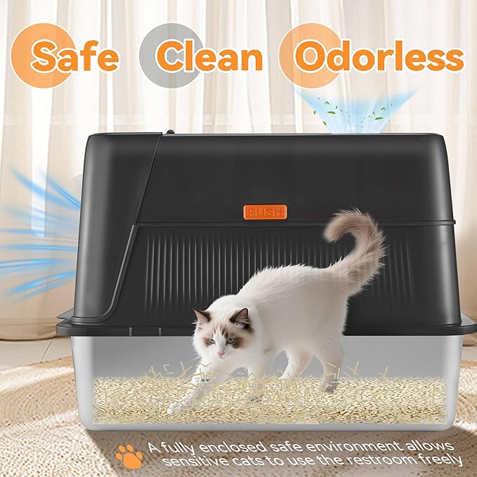 Odor-Control Stainless Steel Litter Box, 135° Flip-Top Metal Cat Litter Box with Electric Deodorization, Enclosed High Sided Litter Pan, Breeze Litter Box System, Anti-Urine Leakage-Mewly Pet