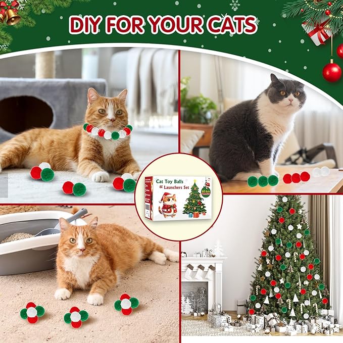 Cat Toy Set (2+60) - Pom Pom Balls & Launchers, Interactive Enrichment Toys-Mewly Pet