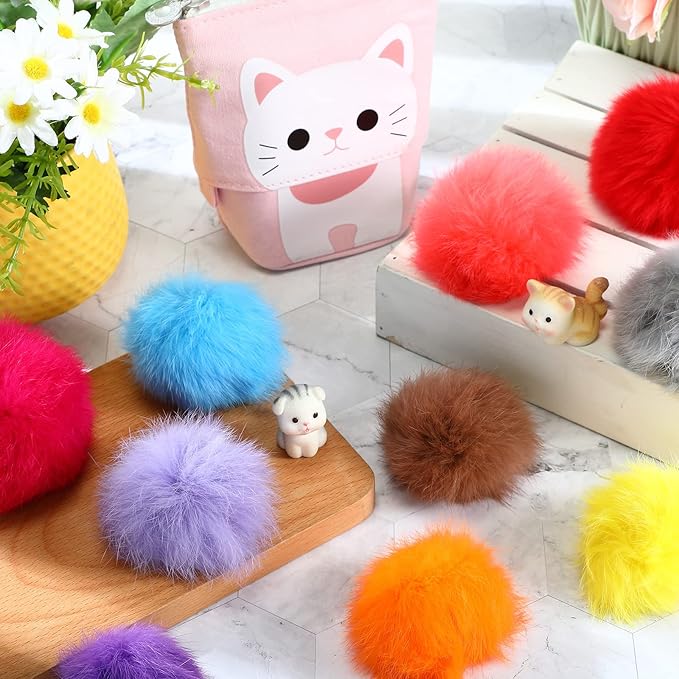 LEIFIDE 12 Pieces Real Rabbit Fur Pom Pom Kitty Cat Toy Fluffy Cat Balls Soft Fuzzy Balls for Kitty Pets Kitten Chase Quiet Play, 3 Inches in Diameter(Bright Color)-Mewly Pet
