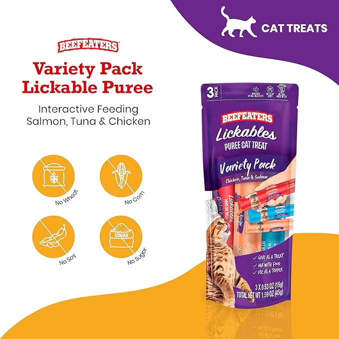 Beefeaters Cat Treats Lickable Puree 1.59oz (12-Pack) – Chicken, Grain-Free, Taurine-Enriched, Ideal for Training & Interactive Feeding-Mewly Pet