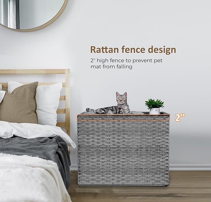 Cat Litter Box Enclosure with Litter Trapping Mat; Handwoven Plastic Rattan Cat House; No Installation Hidden Cat Washroom; Pet Crate for Balcony,Bedroom,Living Room-Mewly Pet