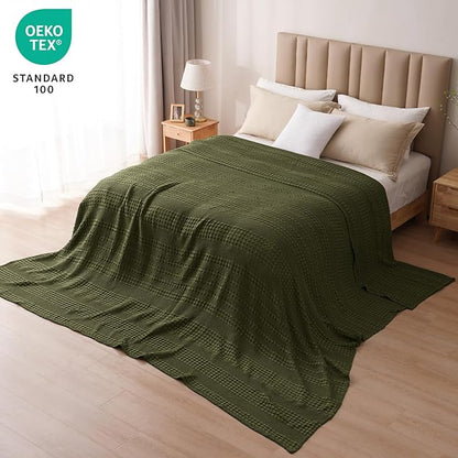 PHF 100% Cotton Waffle Blanket Oversized King 120"x120", Lightweight Breathable Extra Large 10'x10' Blankets for Bed, Giant Big Luxury Aesthetic Woven Bedding for Home Decor, Capulet Olive