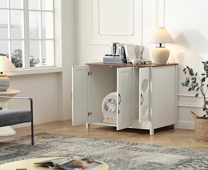 Cat Litter Robot Enclosure, Automatic Litter Box Enclosure for Litter Robot 3/4,Cat-Exclusive entrace for Dog Proof and Fun,Power Outlet for cat Litter Cabinet,Litter Collector,Antique White-Mewly Pet