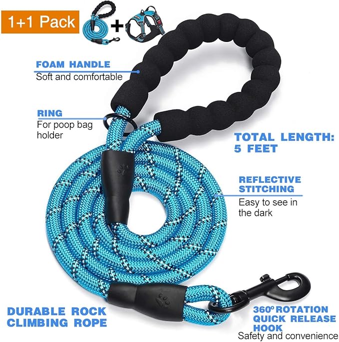 No Pull Dog Harness Adjustable Reflective Oxford Easy Control Medium Large Dog Harness with A Free Heavy Duty 5ft Dog Leash (L (Neck: 18"-25.5", Chest: 24.5"-33"), Blue Harness+Leash)-Mewly Pet