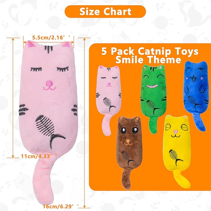 Catnip Toys for Indoor Cats, 5 Pack Cat Toys for Cats, Fluffy Catnip Toys for Chewing Playing, Interactive Kitten Toys, Catnip Filled Kitty Chew Teething Toys, Cat Chew Toys (Smile,5 Pack)-Mewly Pet