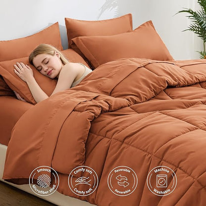Love's cabin Full Comforter Set Burnt Orange, 7 Pieces Full Bed in a Bag, All Season Bedding Sets with 1 Comforter, 1 Flat Sheet, 1 Fitted Sheet, 2 Pillowcase and 2 Pillow Sham