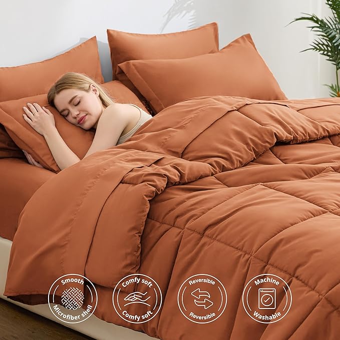 Love's cabin Twin XL Comforter Set Burnt Orange, 5 Pieces Twin XL Bed in a Bag, All Season Bedding Sets with 1 Comforter, 1 Flat Sheet, 1 Fitted Sheet, 1 Pillowcase and 1 Pillow Sham