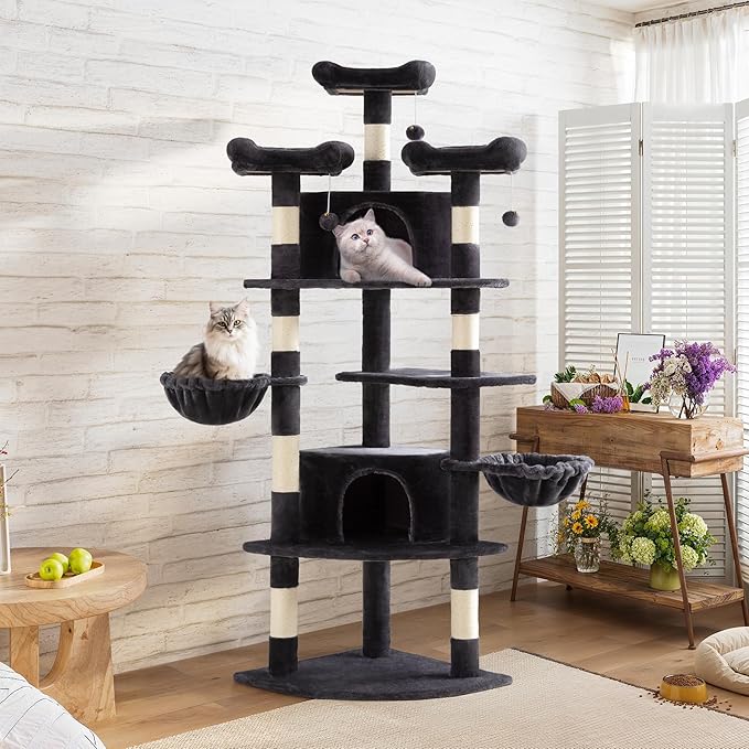 SHA CERLIN 73in Fan-Shaped Corner Cat Tower for Save Space/Multi-Level Tall Cat Tree for Indoor Kitties/Condo with Baskets/Cozy Perches/Sisal Scratching Posts/Pet Activity House/Dark Grey-Mewly Pet