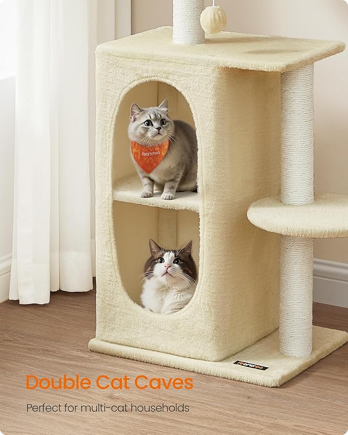 Feandrea Cat Tree Tower with 2 Caves for Multi-Cat Households, Kittens, Scratching Posts, Sand Beige UPCT005Y01-Mewly Pet