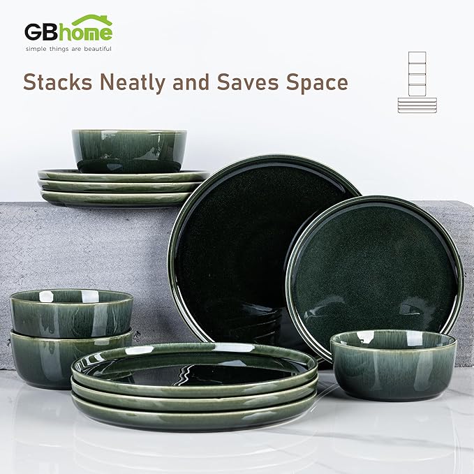 GBHOME Ceramic Dinnerware Sets for 6, 18 Pieces Stoneware Plates and Bowls Sets, Reactive Glaze Dishes -Scratch Resistant, Dishwasher&Microwave Safe, Earth Green-Mewly Pet