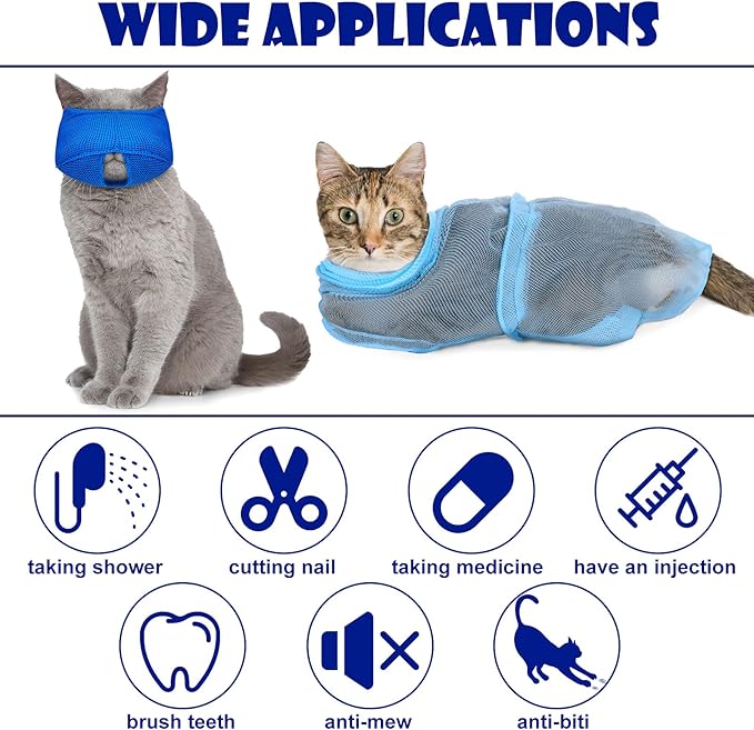Patelai 5 Pcs Cat Bathing Bag Set Cat Grooming Bag Adjustable Pet Shower Net Muzzles Nail Clipper Tick Remover Tool Massage Brush(Blue)-Mewly Pet