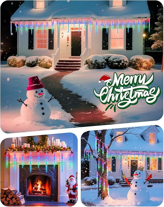 Minetom Icicle Lights Outdoor with Clips, 20ft 100 LED 20 Tubes Twinkling Crystal Icicle String, Connectable Waterproof Hanging Christmas Lights Plug in for Eave Outdoor, Multicolor