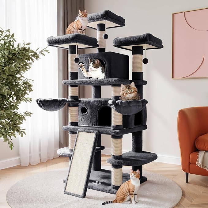 SHA CERLIN 68 Inches Multi-Level Large Cat Tree for Large Kitties/Big Cat Tower with Condo/Cozy Plush ‌Pussycat Perches/Sisal Scratching Posts and Hammocks/Activity Center/Dark Grey-Mewly Pet