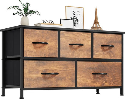 YITAHOME Wide Storage Tower with 5 Drawers - Fabric Dresser, Organizer Unit for Bedroom, Living Room, Closets - Sturdy Steel Frame, Easy Pull Fabric Bins & Wooden Top