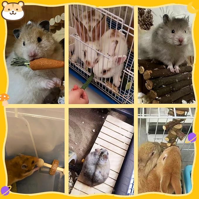 18 PCS Hamster Chew Toys Set, Natural Apple Wood Guinea Pig Toys, Hamster Cage Accessories Include Bridge, Seesaw, Carrot, Timothy Straw Stick Dental Care for Rat Gerbil Chinchilla Rabbits-Mewly Pet