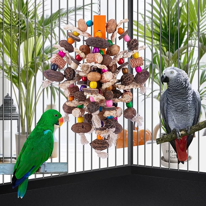 Deloky Large Parrot Bird Chewing Toys, Natural Nuts Corn Parrot Tearing Toy, Wooden Bird Cage Toy for African Grey, Macaws Cokatoos, Amazon Parrots and Other Large Birds-Mewly Pet