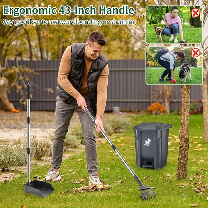 Dog Pooper Scooper, Dog Poop Trash Can Set with Removable Inner Bucket, Long Handle Rake, 150 Waste Bags, Easy Pick Up Poop Scooper, 20L Dog Poop Trash Bin for Small/Large Dog Families-Mewly Pet