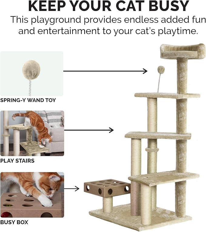 Furhaven 49.5" Tall Cat Tree for Indoor Cats, Ft. Sisal Scratching Posts, Plush Ball Toy, & Busy Box Toy - Tiger Tough Play Stairs Interactive Playground Tower - Cream, One Size-Mewly Pet