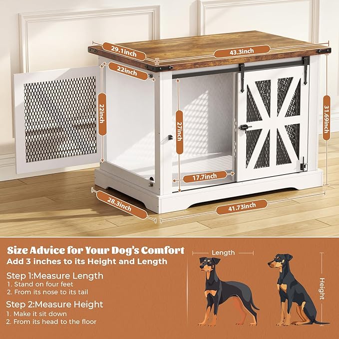 VOPEAK 43.3" XL Dog Crate Furniture, Chew Resistant Dog Crate for Medium Large Dogs, Heavy Duty Extra Large Dog Crate Dog Kennel Indoor with Double Doors, Wooden End Table for Living Room, White-Mewly Pet