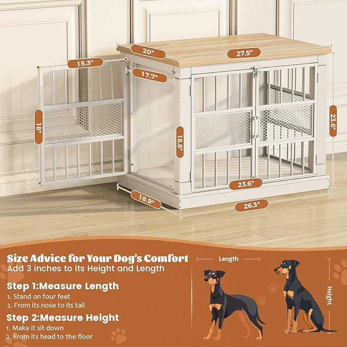 VOPEAK 27.5" Dog Crate Furniture, Chew Resistant Dog Crate for Small Dogs Puppy, Heavy Duty Dog Crates Dog Kennel Cage Indoor with Double Doors, Wooden End Table for Bedroom Living Room, White-Mewly Pet