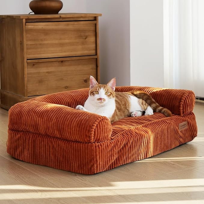 FUKUMARU Dog Couch Bed, Corduroy Cozy Cat Bed for Indoor Cats with Washable Cover, Supportive Waterproof Dog Beds Sofa for Small Dogs and Large Cats Cute, 28inch, Medium, Orange-Mewly Pet