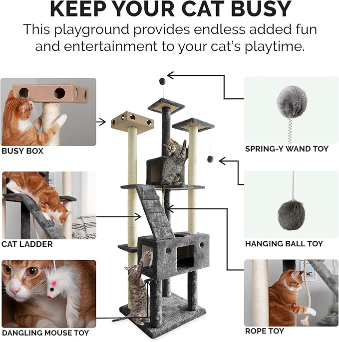 Furhaven 69.3" Tall Cat Tree for Indoor Cats, Ft. Sisal Scratching Posts, 2x Cat Condos, & Toys - Tiger Tough Double Decker Interactive Playground Tower - Silver Gray, One Size-Mewly Pet