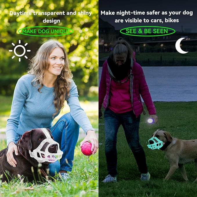 Glow-in-The-Dark Dog Muzzle, Basket Muzzle for Small Medium Large Dogs,Anti-Biting Chewing, Lightweight Cage Design,Allows Drinking & Panting,for Grooming & Training (Transparent Size M)-Mewly Pet