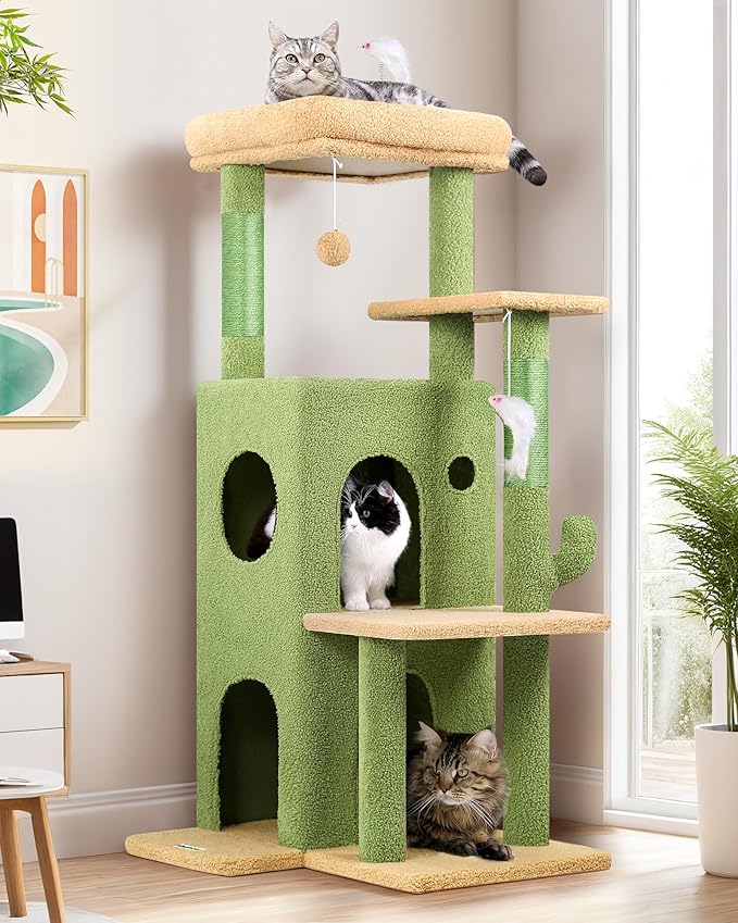 Globlazer Cactus Cat Tree Tower for Indoor Cats, 50-inch Adult Cat Tree House for Large Adult Cats with Steps, Scratching Post, 2 Cat Caves, Dangling Toys, FC50, Green-Mewly Pet