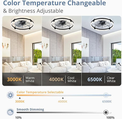 LEDIARY 24 Inch Ceiling Fans with Lights and Remote, Modern Dimmable Low Profile Ceiling Fan, Black Flush Mount Ceiling Fan with 3 CCT and 6 Speeds