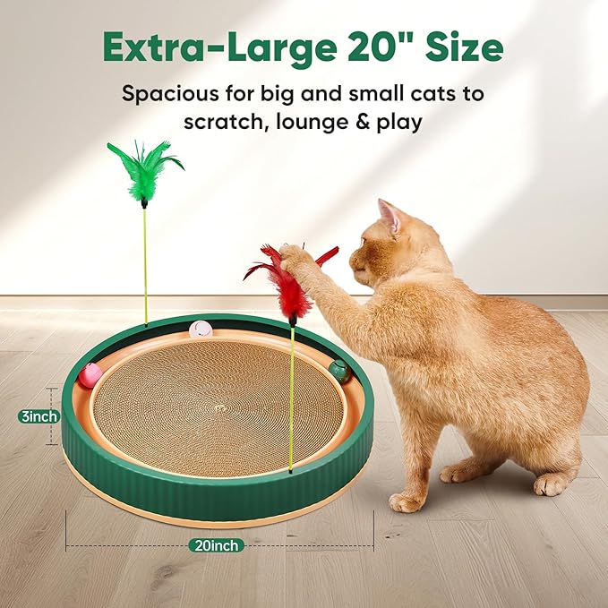 20-Inch Round Cat Scratcher with Ball Track – 3-in-1 Cardboard Scratching Pad with Feather Toy & Non-Slip Base – Interactive Cat Toy for Indoor Cats, Kittens & Large Cats (Green)-Mewly Pet
