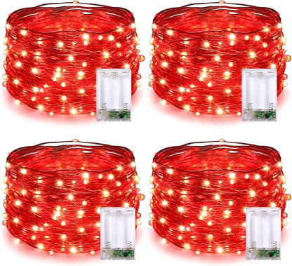 JMEXSUSS 4 Pack 50 LED Red Fairy Lights Battery Operated, 16.1ft Christmas Fairy Lights, Red String Lights for Bedroom Wedding Party Christmas Halloween Decorations