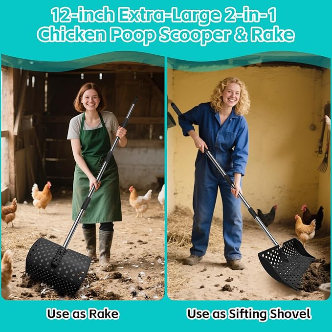 12-Inch 2-in-1 Chicken Poop Scooper & Rake – US Patent Pending – 3-Shape Sifting Holes Chicken Coop Rake，Stainless Steel Handle （20–61"）– Litter Scoop Sand & Sifting Shovel for Chicken Coops (Black)-Mewly Pet