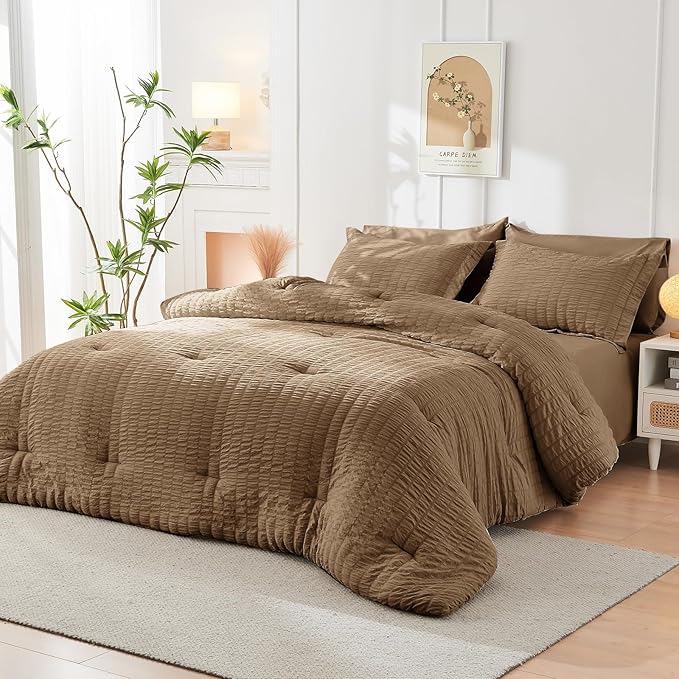 HYMOKEGE Brown Twin Comforter Set Seersucker 5 Pieces, All Season Luxury Bed in a Bag for Bedroom, Bedding Set with Comforter, Sheets, Pillowcase & Sham