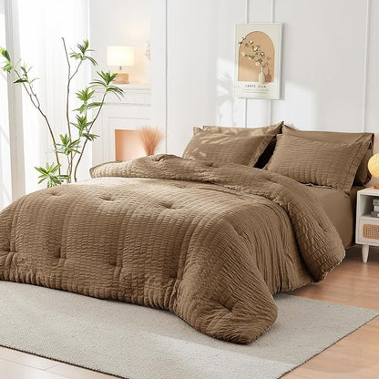 HYMOKEGE Brown Twin XL Comforter Set Seersucker 5 Pieces, All Season Luxury Bed in a Bag for Bedroom, Bedding Set with Comforter, Sheets, Pillowcase & Sham