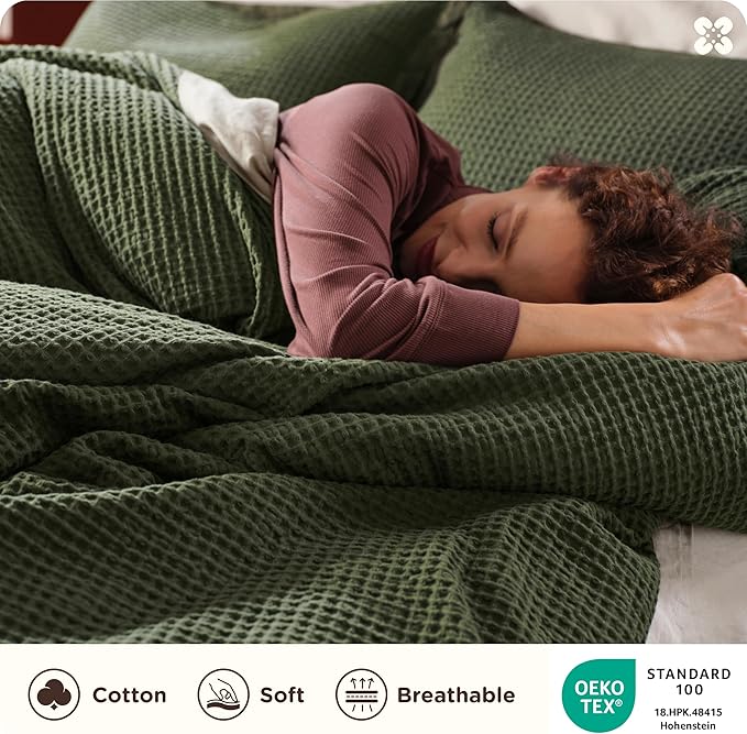 Bedsure Cotton Duvet Cover Set - 100% Cotton Waffle Weave Olive Green Duvet Cover Oversized King Size, GentleSoft™ and Breathable Bedding Set for All Season, 3 Pieces, 120"x98"