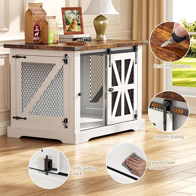 VOPEAK 43.3" XL Dog Crate Furniture, Chew Resistant Dog Crate for Medium Large Dogs, Heavy Duty Extra Large Dog Crate Dog Kennel Indoor with Double Doors, Wooden End Table for Living Room, White-Mewly Pet