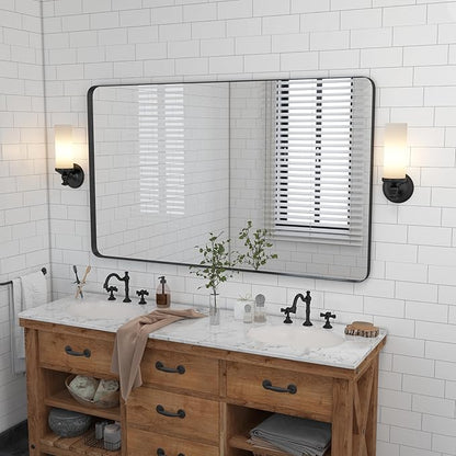VocalStar 48 x 32 Inch Black Metal Framed Bathroom Mirror for Wall, Large Rounded Rectangle Matte Black Bathroom Vanity Mirror Farmhouse, 1/4-inch Shatterproof Glass | Ultra-Flush Hanging