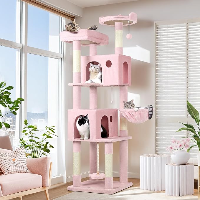 Globlazer Pink Cat Tree, 70 inch Tall Scratching Tower Multi-Level Cat Condo for Indoor Multiple Cats with 2 Large Cat Caves, Top Perch, Large Platform, Bottom Swing, F70B, Pink-Mewly Pet