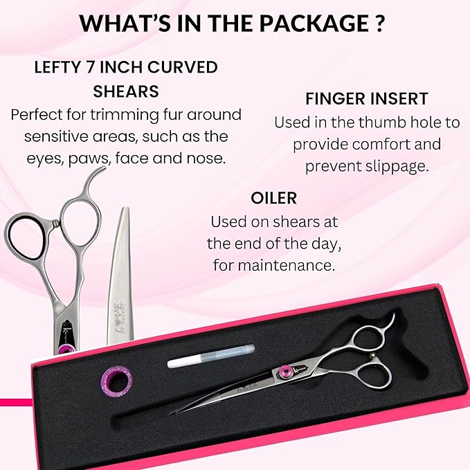 Kenchii Love Left Handed Dog Grooming Scissors, 7 Inch Curved Shears, Dog Scissors for Grooming, Professional Pet Grooming Scissors, Ergonomic & Comfortable-Mewly Pet